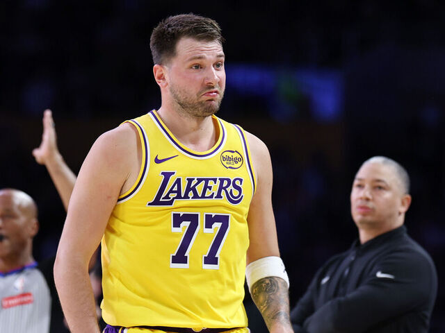 LOS ANGELES, CALIFORNIA - FEBRUARY 20: Luka Doncic #77 of the Los Angeles Lakers reacts after scoring during the first half of their game against the Los Angeles Clippers at Crypto.com Arena on February 20, 2026 in Los Angeles, California.