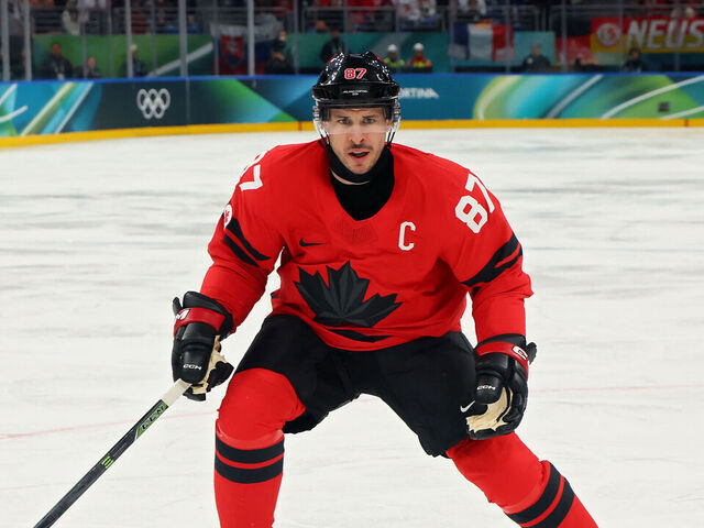 MILAN, ITALY - FEBRUARY 15: Sidney Crosby #87 of Team Canada skates in the first period during the Men's Preliminary Group A match between Canada and France on day nine of the Milano Cortina 2026 Winter Olympic games at Milano Santagiulia Ice Hockey Arena on February 15, 2026 in Milan, Italy.
