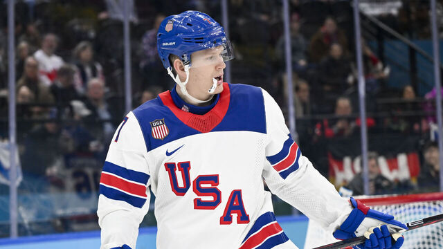 MILAN, ITALY - FEBRUARY 20: Brady Tkachuk of Team United States reacts during the Ice Hockey Men United States vs Slovakia Semifinals on day fourteen of the Milano Cortina 2026 Winter Olympic games at Milano Santagiulia Ice Hockey Arena on February 20, 2026 in Milan, Italy.