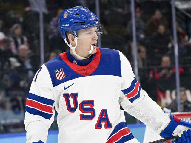 MILAN, ITALY - FEBRUARY 20: Brady Tkachuk of Team United States reacts during the Ice Hockey Men United States vs Slovakia Semifinals on day fourteen of the Milano Cortina 2026 Winter Olympic games at Milano Santagiulia Ice Hockey Arena on February 20, 2026 in Milan, Italy.