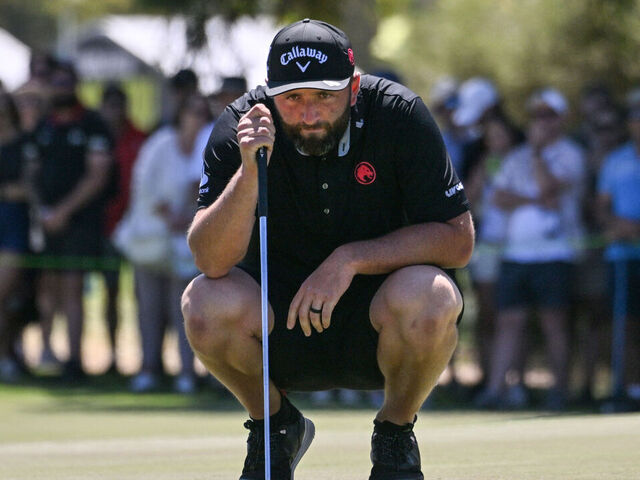 Legion XIII player Jon Rahm from Spain prepares to putt on the final day of the LIV Golf Adelaide tournament at The Grange Golf Club in Adelaide on February 15, 2026. / -- IMAGE RESTRICTED TO EDITORIAL USE - STRICTLY NO COMMERCIAL USE --