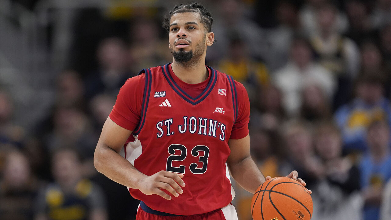 MILWAUKEE, WISCONSIN - FEBRUARY 18: Bryce Hopkins #23 of the St. John’s Red Storm dribbles the ball against the Marquette Golden Eagles during the second half at Fiserv Forum on February 18, 2026 in Milwaukee, Wisconsin.
