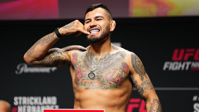 HOUSTON, TEXAS - FEBRUARY 20: Anthony Hernandez poses on the scale during the UFC Fight Night ceremonial weigh-in at Toyota Center on February 20, 2026 in Houston, Texas.