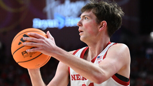 LINCOLN, NEBRASKA - FEBRUARY 21: Pryce Sandfort #21 of the Nebraska Cornhuskers attempts a three point shot against the Penn State Nittany Lions during the first half at Pinnacle Bank Arena on February 21, 2026 in Lincoln, Nebraska.