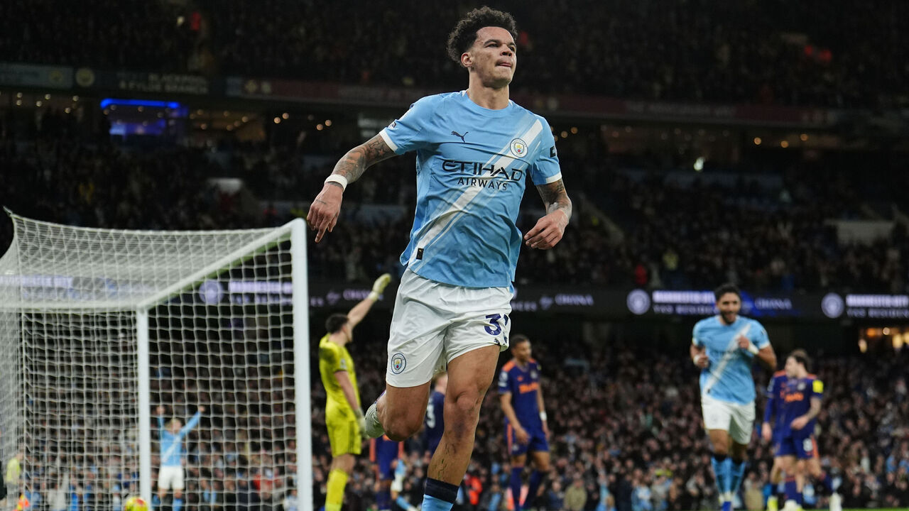 Manchester City's Nico O'Reilly celebrates scoring their side's second goal of the game during the Premier League match at the Etihad Stadium, Manchester. Picture date: Saturday February 21, 2026.
