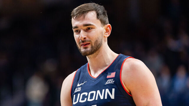INDIANAPOLIS, INDIANA - FEBRUARY 11: Alex Karaban #11 of the UConn Huskies looks on during the game against the Butler Bulldogs at Hinkle Fieldhouse on February 11, 2026 in Indianapolis, Indiana.