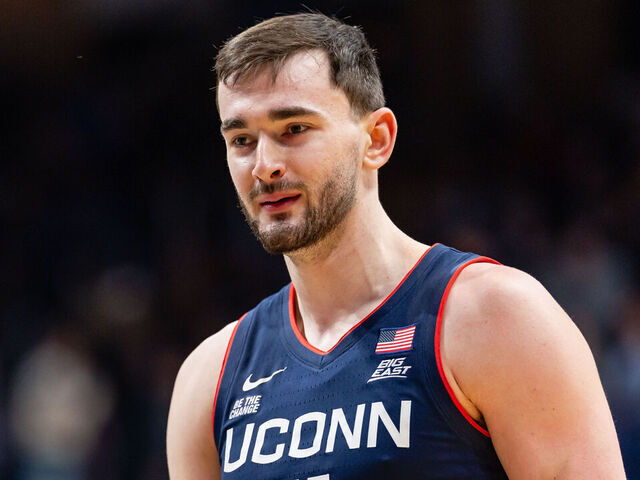 INDIANAPOLIS, INDIANA - FEBRUARY 11: Alex Karaban #11 of the UConn Huskies looks on during the game against the Butler Bulldogs at Hinkle Fieldhouse on February 11, 2026 in Indianapolis, Indiana.