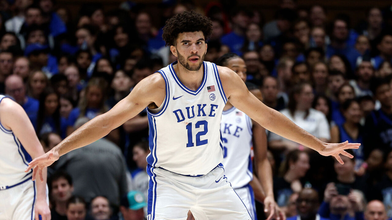 DURHAM, NORTH CAROLINA - FEBRUARY 14: Cameron Boozer #12 of the Duke Blue Devils works on defense during the game against the Clemson Tigers at Cameron Indoor Stadium on February 14, 2026 in Durham, North Carolina.