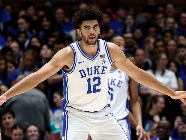 DURHAM, NORTH CAROLINA - FEBRUARY 14: Cameron Boozer #12 of the Duke Blue Devils works on defense during the game against the Clemson Tigers at Cameron Indoor Stadium on February 14, 2026 in Durham, North Carolina.