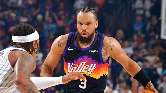 PHOENIX, AZ - FEBRUARY 21: Dillon Brooks #3 of the Phoenix Suns dribbles the ball during the game against the Orlando Magic on February 21, 2026 at PHX Arena in Phoenix, Arizona. Mandatory Copyright Notice: Copyright 2026 NBAE