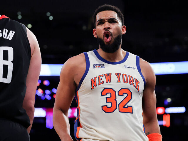NEW YORK, NEW YORK - FEBRUARY 21: Karl-Anthony Towns #32 of the New York Knicks reacts to shooting a basket during the fourth quarter against the Houston Rockets at Madison Square Garden on February 21, 2026 in New York City.