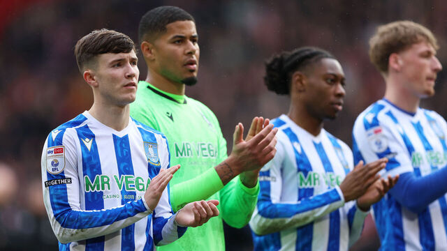 SHEFFIELD, ENGLAND - FEBRUARY 22: Charlie McNeill of Sheffield Wednesday applauds the fans after his teams defeat to Sheffield United, resulting in his sides relegation to League 1, following the Sky Bet Championship match between Sheffield United and Sheffield Wednesday at Bramall Lane on February 22, 2026 in Sheffield, England.