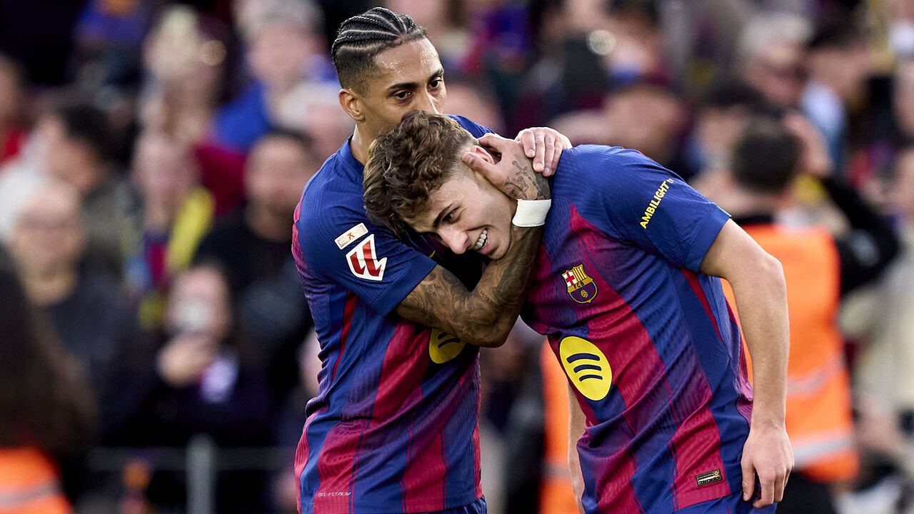 BARCELONA, SPAIN - FEBRUARY 22: Fermin Lopez of FC Barcelona celebrates after the third goal of his team with her teammates Raphinha of FC Barcelona during the LaLiga EA Sports match between FC Barcelona and Levante UD at Spotify Camp Nou on February 22, 2026 in Barcelona, Spain.