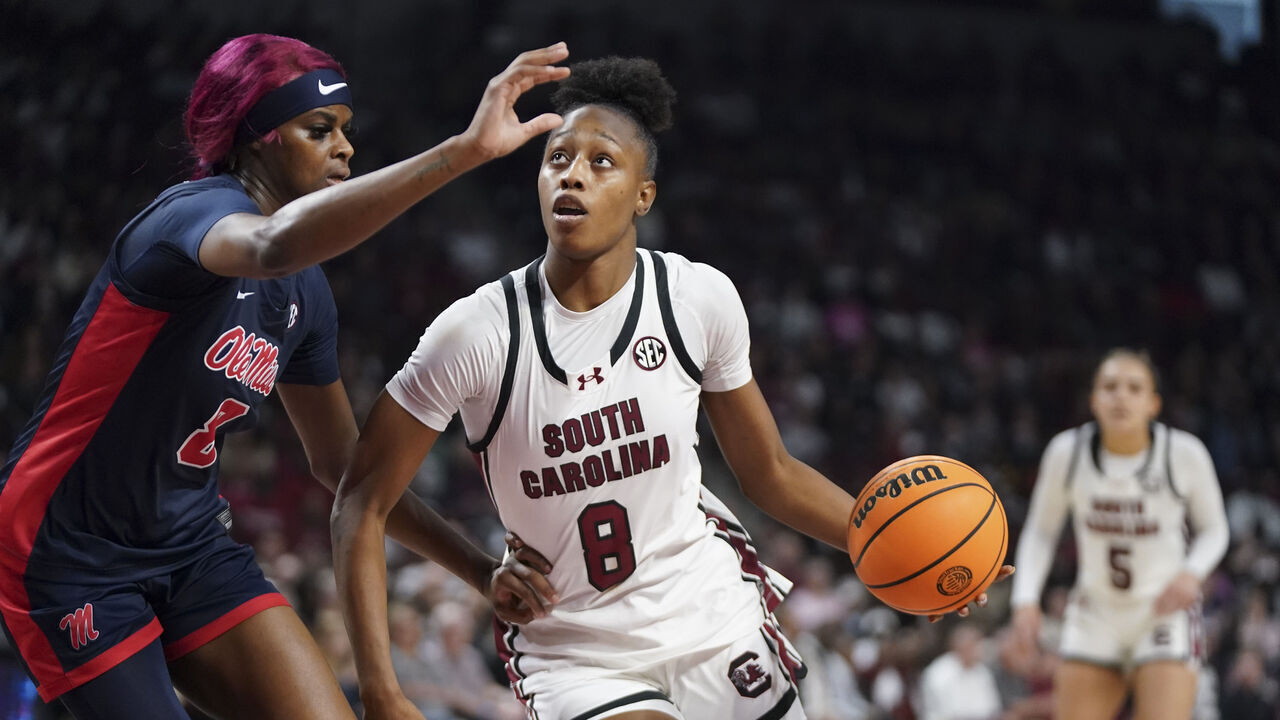 COLUMBIA, SOUTH CAROLINA - FEBRUARY 22: Joyce Edwards #8 of the the South Carolina Gamecocks drives to the hoop against forward Latasha Lattimore #8 of the Ole Miss Rebels during the first quarter of an NCAA women's basketball game at Colonial Life Arena on February 22, 2026 in Columbia, South Carolina.