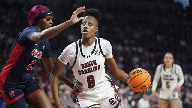 COLUMBIA, SOUTH CAROLINA - FEBRUARY 22: Joyce Edwards #8 of the the South Carolina Gamecocks drives to the hoop against forward Latasha Lattimore #8 of the Ole Miss Rebels during the first quarter of an NCAA women's basketball game at Colonial Life Arena on February 22, 2026 in Columbia, South Carolina.