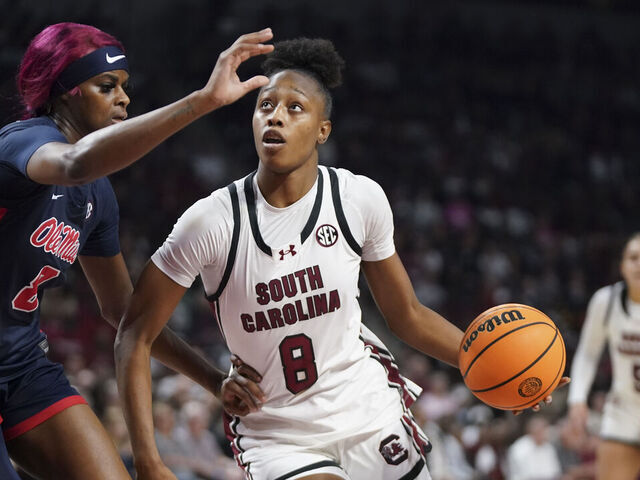 COLUMBIA, SOUTH CAROLINA - FEBRUARY 22: Joyce Edwards #8 of the the South Carolina Gamecocks drives to the hoop against forward Latasha Lattimore #8 of the Ole Miss Rebels during the first quarter of an NCAA women's basketball game at Colonial Life Arena on February 22, 2026 in Columbia, South Carolina.