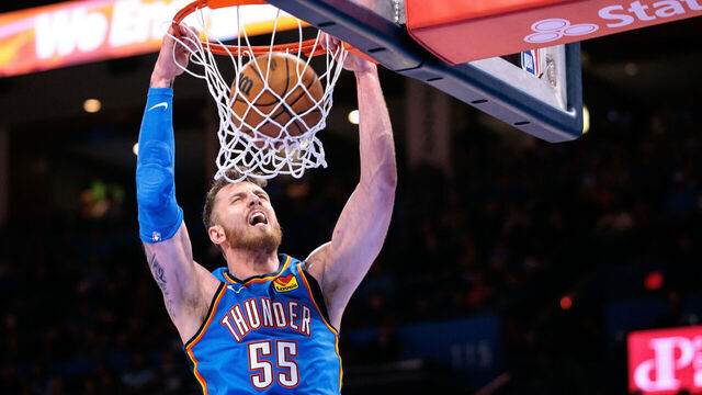 OKLAHOMA CITY, OKLAHOMA - FEBRUARY 22: Isaiah Hartenstein #55 of the Oklahoma City Thunder dunks during the second half against the Cleveland Cavaliers at Paycom Center on February 22, 2026 in Oklahoma City, Oklahoma.