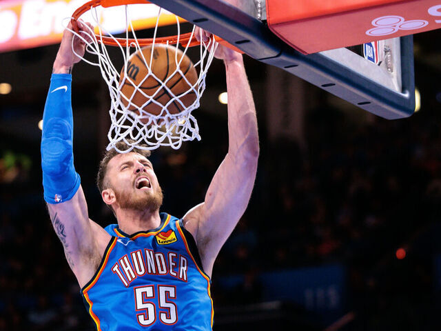 OKLAHOMA CITY, OKLAHOMA - FEBRUARY 22: Isaiah Hartenstein #55 of the Oklahoma City Thunder dunks during the second half against the Cleveland Cavaliers at Paycom Center on February 22, 2026 in Oklahoma City, Oklahoma.
