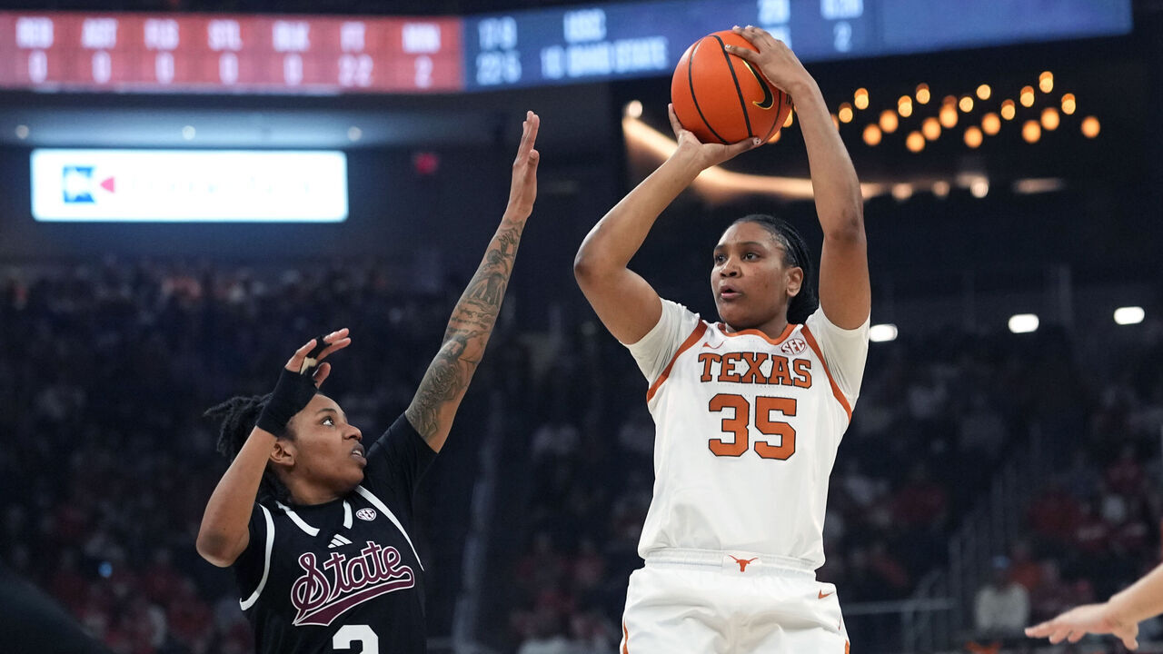 AUSTIN, TEXAS - FEBRUARY 22: Madison Booker #35 of the Texas Longhorns shoots over Destiney McPhaul #2 of the Mississippi State Bulldogs during the first half at Moody Center on February 22, 2026 in Austin, Texas.