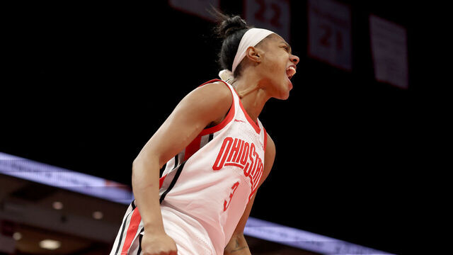 COLUMBUS, OHIO - FEBRUARY 22: Kennedy Cambridge #3 of the Ohio State Buckeyes reacts after making a basket during the fourth quarter of the game against the USC Trojans at Value City Arena on February 22, 2026 in Columbus, Ohio. Ohio State defeated USC 88-83.