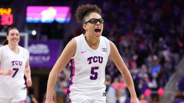 FORT WORTH, TEXAS - FEBRUARY 22: Olivia Miles #5 of the TCU Horned Frogs reacts after scoring during the fourth quarter against the Iowa State Cyclones at Schollmaier Arena on February 22, 2026 in Fort Worth, Texas.