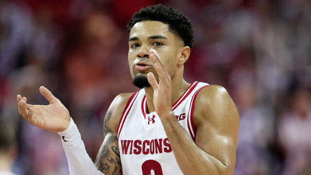 MADISON, WISCONSIN - FEBRUARY 22: Nick Boyd #2 of the Wisconsin Badgers reacts after a score during the second half against the Iowa Hawkeyes at Kohl Center on February 22, 2026 in Madison, Wisconsin.