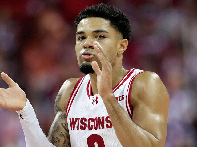 MADISON, WISCONSIN - FEBRUARY 22: Nick Boyd #2 of the Wisconsin Badgers reacts after a score during the second half against the Iowa Hawkeyes at Kohl Center on February 22, 2026 in Madison, Wisconsin.