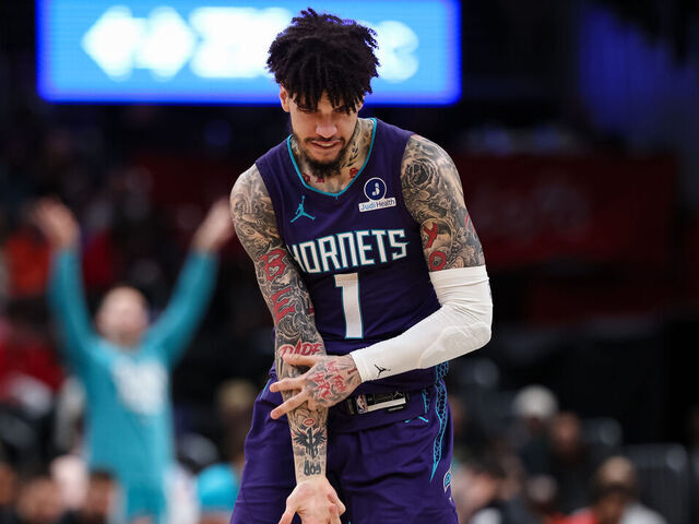 WASHINGTON, DC - FEBRUARY 22: LaMelo Ball #1 of the Charlotte Hornets celebrates afte making a three point basket \W| during the second half at Capital One Arena on February 22, 2026 in Washington, DC.