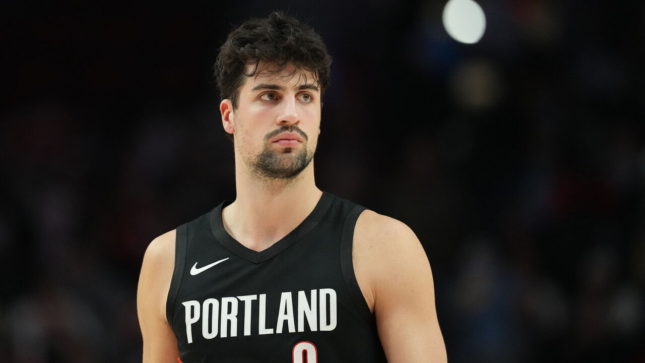 PORTLAND, OREGON - FEBRUARY 20: Deni Avdija #8 of the Portland Trail Blazers looks on during the first half against the Denver Nuggets at Moda Center on February 20, 2026 in Portland, Oregon.