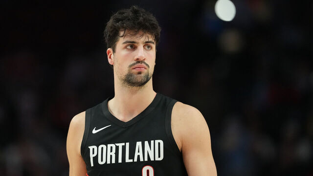 PORTLAND, OREGON - FEBRUARY 20: Deni Avdija #8 of the Portland Trail Blazers looks on during the first half against the Denver Nuggets at Moda Center on February 20, 2026 in Portland, Oregon.