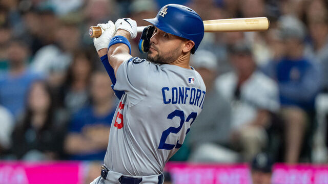 SEATTLE, WA - SEPTEMBER 27: Michael Conforto #23 of the Los Angeles Dodgers an at-bat in a game against the Seattle Mariners at T-Mobile Park on September 27, 2025 in Seattle, Washington. The Dodgers won 5-3.