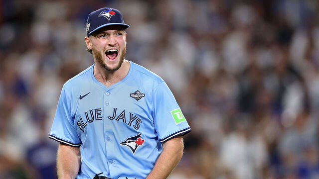 LOS ANGELES, CALIFORNIA - OCTOBER 29: Trey Yesavage #39 of the Toronto Blue Jays reacts after a double play to end the 7th inning against the Los Angeles Dodgers in game five of the 2025 World Series at Dodger Stadium on October 29, 2025 in Los Angeles, California.