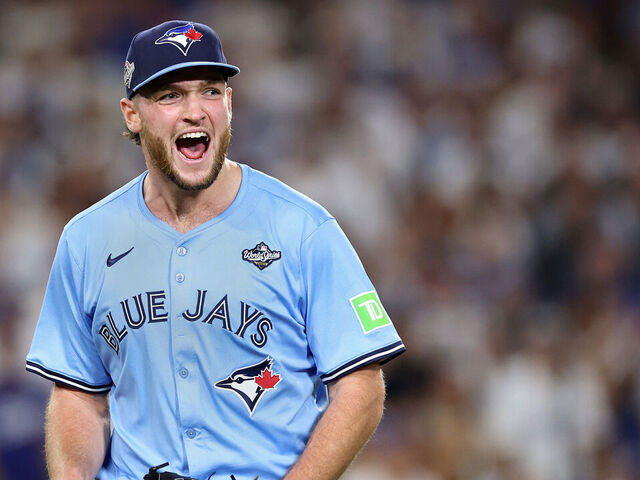 LOS ANGELES, CALIFORNIA - OCTOBER 29: Trey Yesavage #39 of the Toronto Blue Jays reacts after a double play to end the 7th inning against the Los Angeles Dodgers in game five of the 2025 World Series at Dodger Stadium on October 29, 2025 in Los Angeles, California.