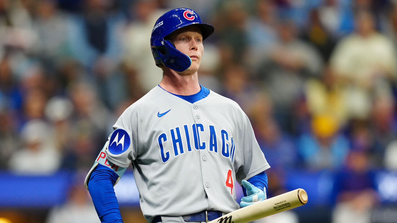 MILWAUKEE, WI - OCTOBER 11: Pete Crow-Armstrong #4 of the Chicago Cubs bats during Game Five of the National League Division Series presented by Booking.com between the Chicago Cubs and the Milwaukee Brewers at American Family Field on Saturday, October 11, 2025 in Milwaukee, Wisconsin.