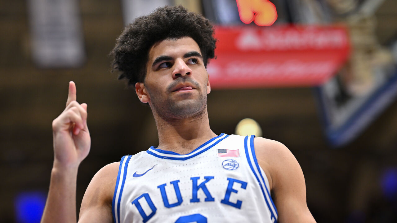 DURHAM, NORTH CAROLINA - FEBRUARY 14: Cayden Boozer #2 of the Duke Blue Devils reacts after scoring a basket Clemson Tigers during the second half of the game at Cameron Indoor Stadium on February 14, 2026 in Durham, North Carolina.