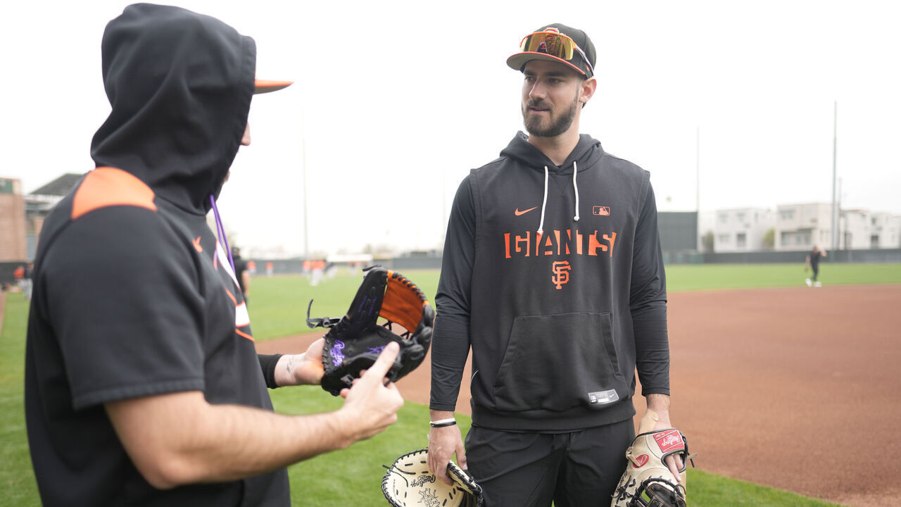 SCOTTSDALE, ARIZONA - FEBRUARY 13: Bryce Eldridge #8 of the San Francisco Giants talks during Spring Training at Scottsdale Stadium on February 13, 2026 in Scottsdale, Arizona.