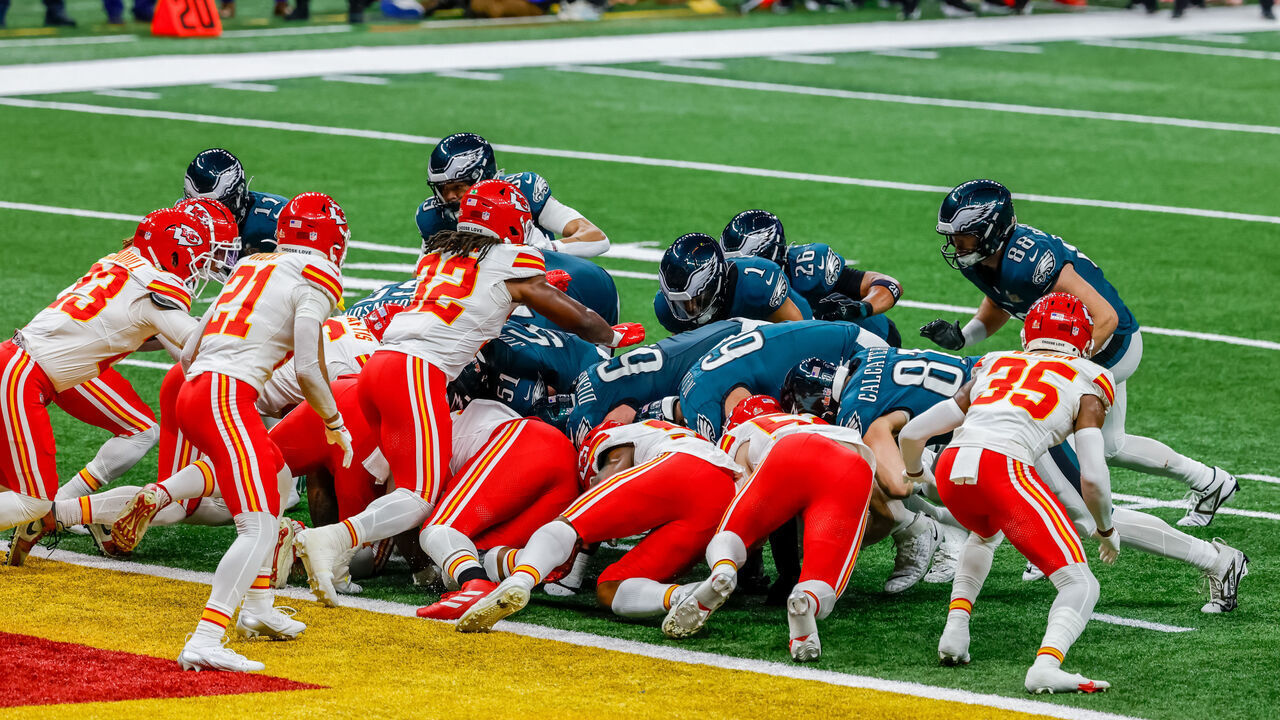 NEW ORLEANS, LA - FEBRUARY 09: QB Jalen Hurts #1 of the Philadelphia Eagles executes the "tush push" to score a touchdown during Super Bowl LIX between the Kansas City Chiefs and the Philadelphia Eagles on Sunday, February 9, 2025 at the Caesars Superdome in New Orleans, LA.