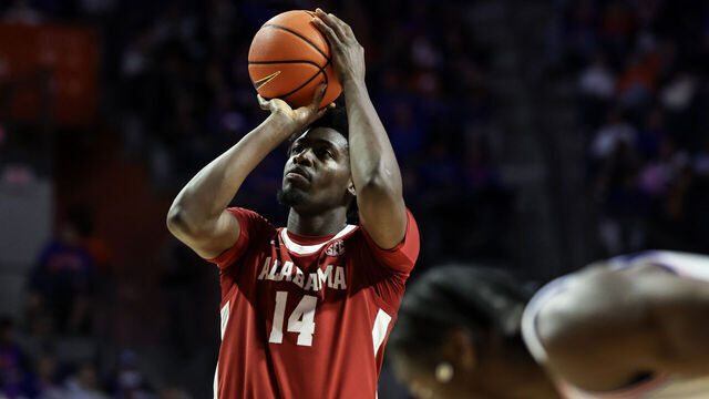 GAINESVILLE, FLORIDA - FEBRUARY 1: Charles Bediako #14 of the Alabama Crimson Tide shoots a free throw during the first half of a game against the Florida Gators at the Stephen C. O'Connell Center on February 1, 2026 in Gainesville, Florida.
