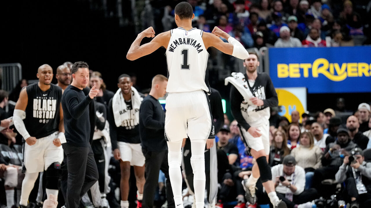DETROIT, MICHIGAN - FEBRUARY 23: Victor Wembanyama #1 of the San Antonio Spurs flexes against the Detroit Pistons during the fourth quarter at Little Caesars Arena on February 23, 2026 in Detroit, Michigan.