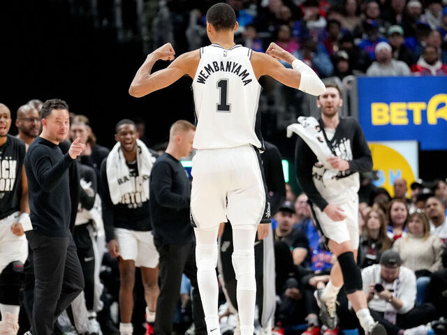 DETROIT, MICHIGAN - FEBRUARY 23: Victor Wembanyama #1 of the San Antonio Spurs flexes against the Detroit Pistons during the fourth quarter at Little Caesars Arena on February 23, 2026 in Detroit, Michigan.