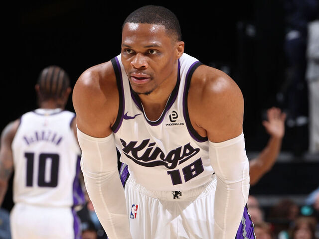 MEMPHIS, TN - FEBRUARY 23: Russell Westbrook #18 of the Sacramento Kings looks on during the game against the Memphis Grizzlies on February 23, 2026 at FedExForum in Memphis, Tennessee. Mandatory Copyright Notice: Copyright 2026 NBAE