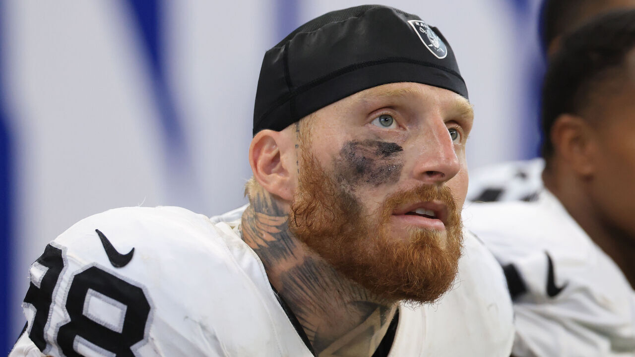INDIANAPOLIS, INDIANA - OCTOBER 05: Maxx Crosby #98 of the Las Vegas Raiders looks on against the Indianapolis Colts at Lucas Oil Stadium on October 05, 2025 in Indianapolis, Indiana.