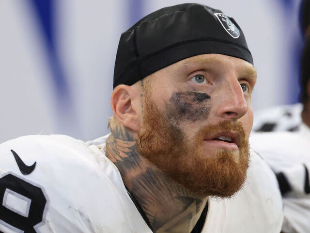 INDIANAPOLIS, INDIANA - OCTOBER 05: Maxx Crosby #98 of the Las Vegas Raiders looks on against the Indianapolis Colts at Lucas Oil Stadium on October 05, 2025 in Indianapolis, Indiana.