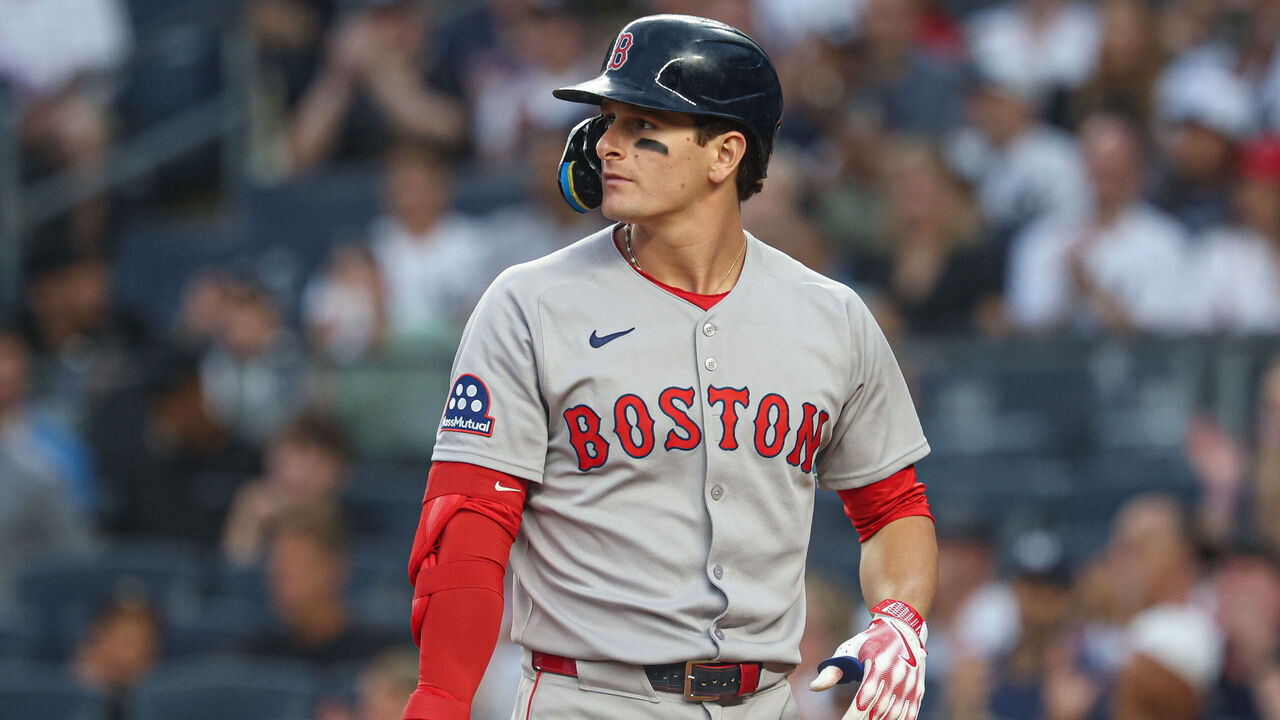NEW YORK, NEW YORK - AUGUST 24: Roman Anthony #19 of the Boston Red Sox reacts after striking out against the New York Yankees during the game at Yankee Stadium on August 24, 2025 in New York City.