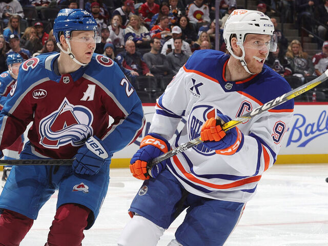 DENVER, COLORADO - JANUARY 16: Nathan MacKinnon #29 of the Colorado Avalanche skates against Connor McDavid #97 of the Edmonton Oilers at Ball Arena on January 16, 2025 in Denver, Colorado.