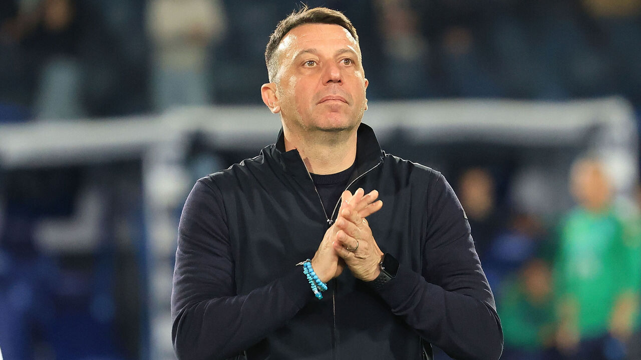 EMPOLI, ITALY - MAY 25: Roberto D'Aversa head coach of Empoli FC shows his dejection during the Serie A match between Empoli and Verona at Stadio Carlo Castellani on May 25, 2025 in Empoli, Italy.