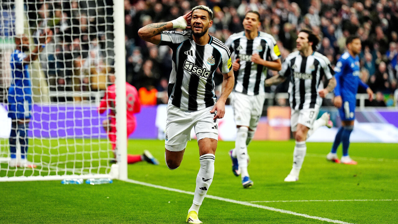 Newcastle United's Joelinton celebrates scoring their side's second goal during the UEFA Champions League, knockout phase play offs, second leg match at St James' Park, Newcastle upon Tyne. Picture date: Tuesday February 24, 2026.