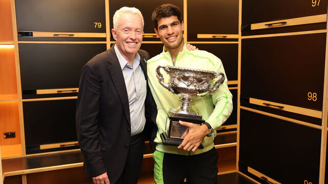MELBOURNE, AUSTRALIA - FEBRUARY 02: Craig Tiley, Chief Executive Officer of Tennis Australia poses with Carlos Alcaraz of Spain in the locker room after winning the Men's Singles Final against Novak Djokovic of Serbia during day 15 of the 2026 Australian Open at Melbourne Park on February 01, 2026 in Melbourne, Australia.
