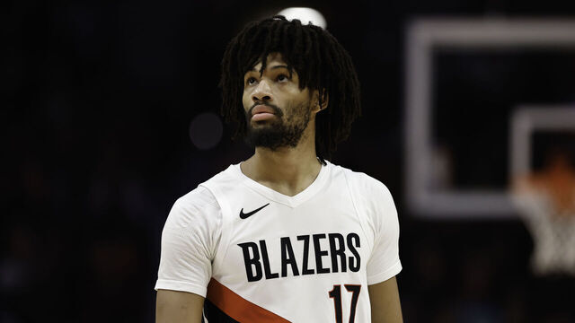 PORTLAND, OREGON - FEBRUARY 06: Shaedon Sharpe #17 of the Portland Trail Blazers looks on during the game against the Memphis Grizzlies at Moda Center on February 06, 2026 in Portland, Oregon. The Portland Trail Blazers won 135-115.