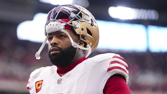 HOUSTON, TX - OCTOBER 26: Trent Williams #71 of the San Francisco 49ers exits the field during an NFL football game against the Houston Texans at NRG Stadium on October 26, 2025 in Houston, Texas.